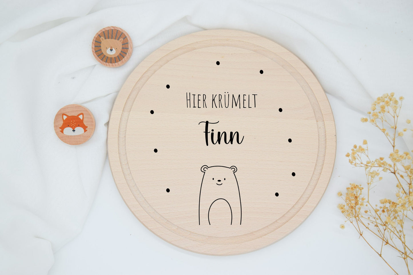 Rond ontbijtplankje met diverse dierenmotieven, Löwe, tijger, konijn, olifant en giraffe