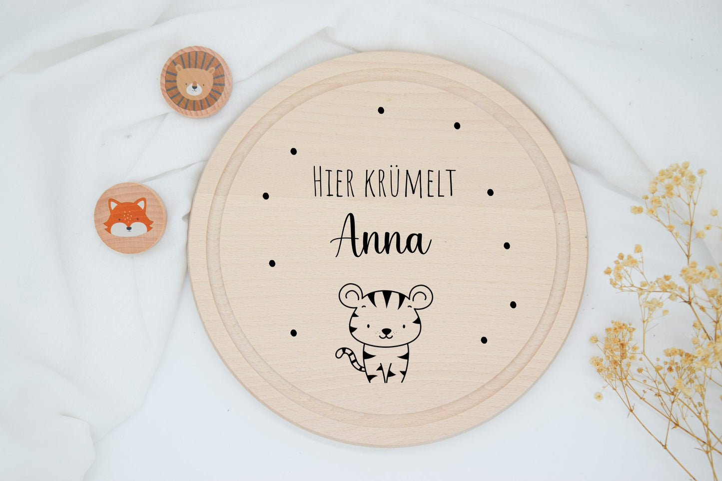 Rond ontbijtplankje met diverse dierenmotieven, Löwe, tijger, konijn, olifant en giraffe