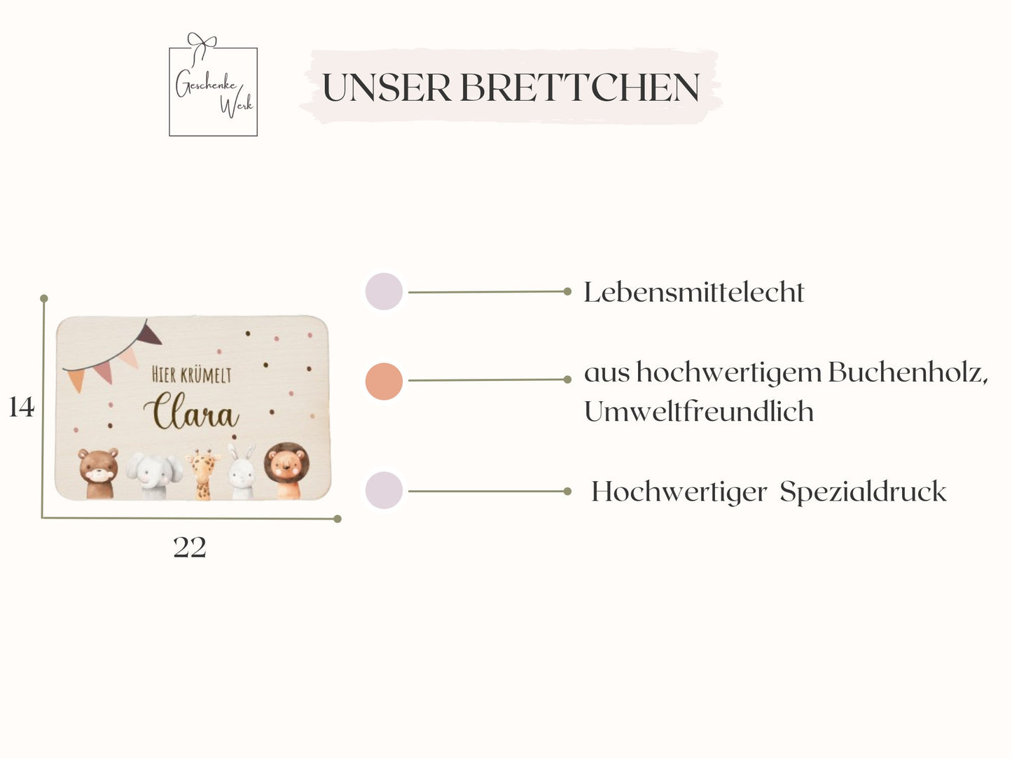 Brettchen personalisiert mit Bunten- Tiermotiven