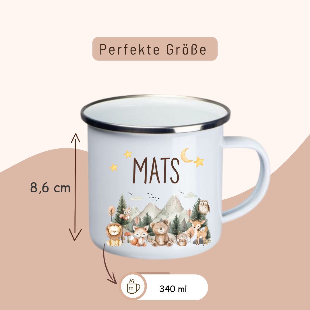 Emaille Kinder Tasse  - Woodlandtieren und Berge