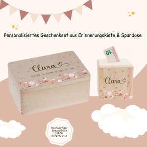 Geschenkset Erinnerungskiste + Spardose Rosa Blumen