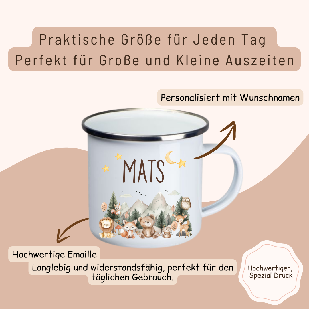 Emaille Kinder Tasse  - Woodlandtieren und Berge