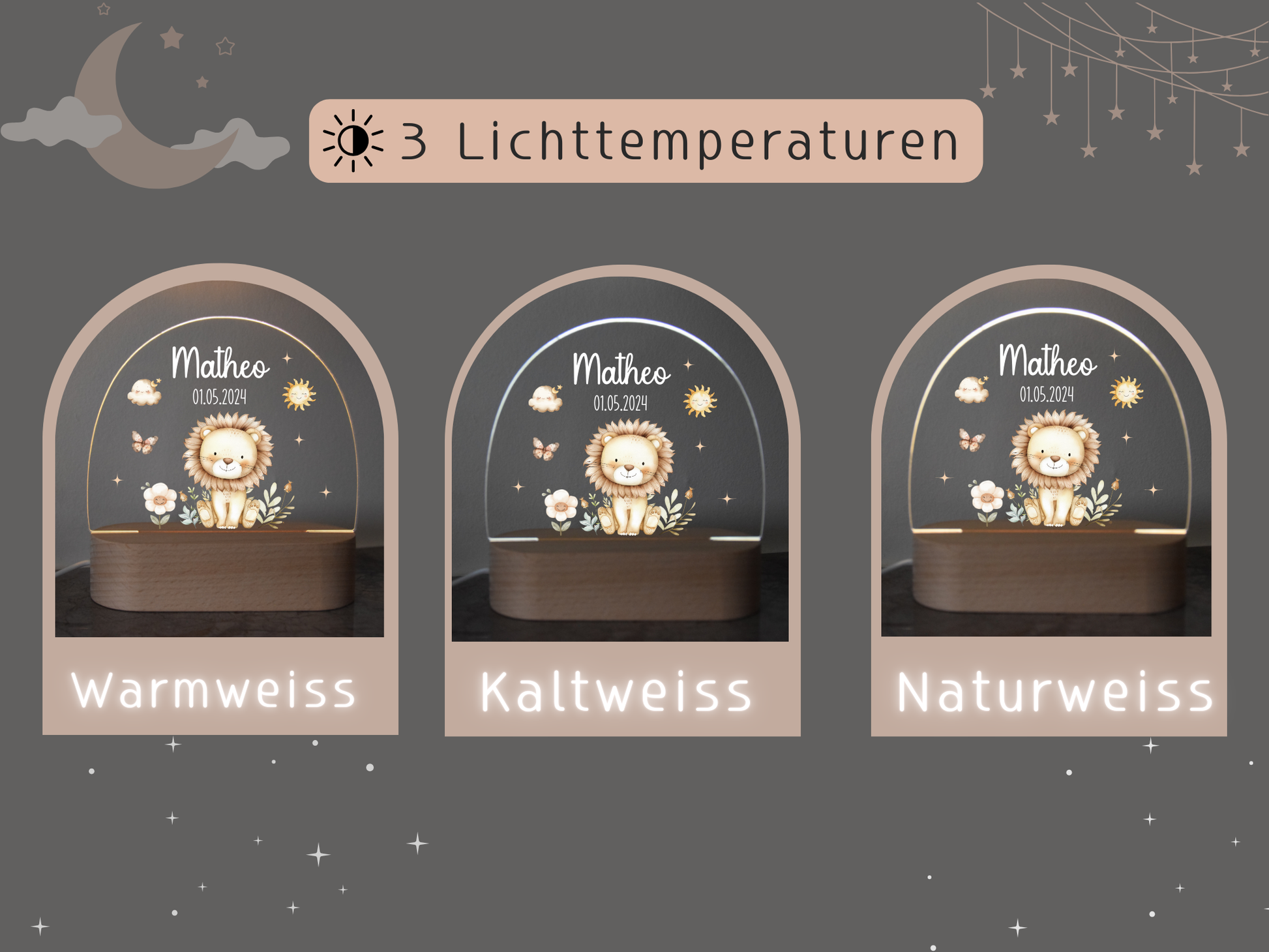 Nachtlicht Kinder - Waldtieren, Löwe, Bär, Hase, Reh, Einhorn und Waschbär