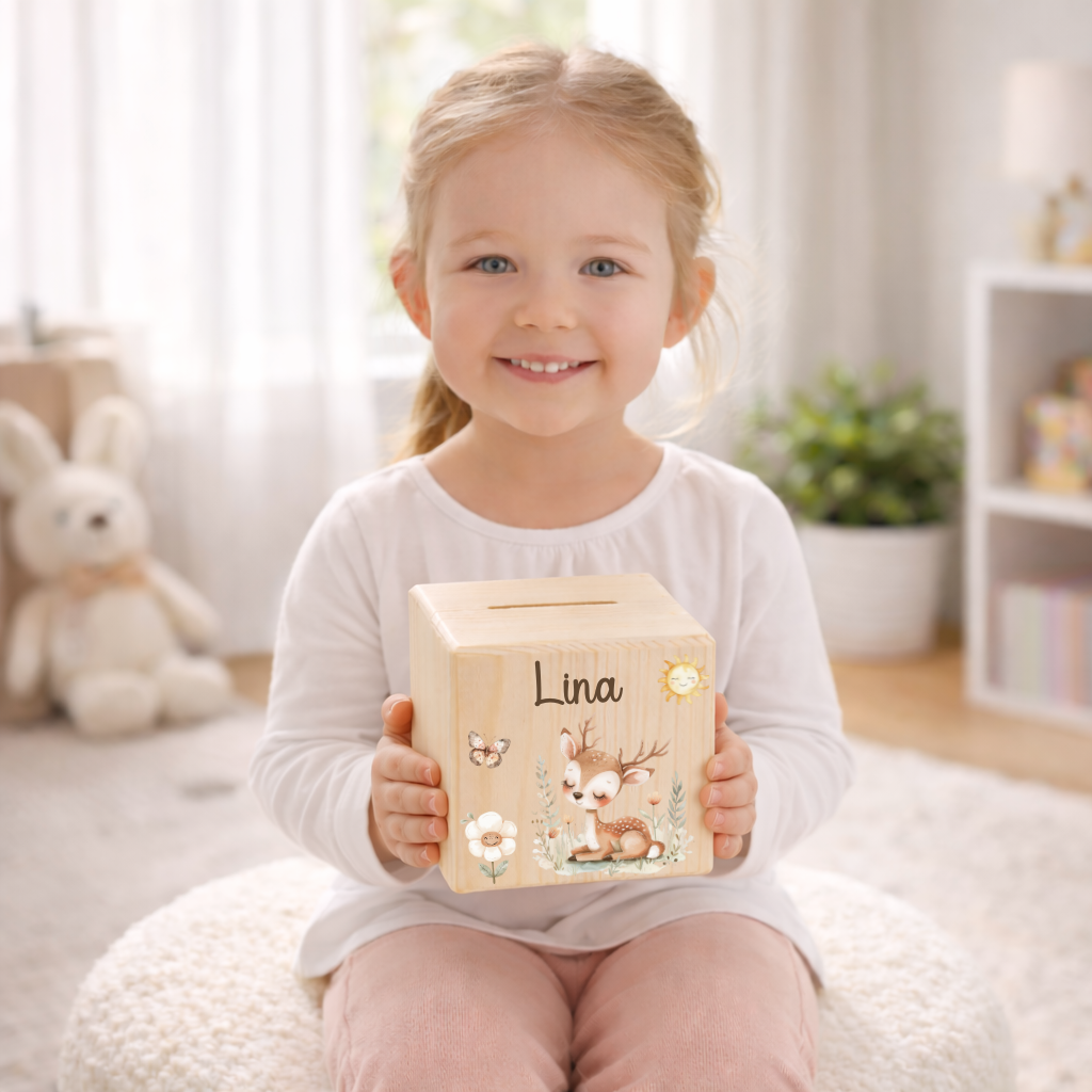 Tirelire pour enfants - avec animaux de la forêt, lion, ours, lapin, cerf, licorne et raton laveur