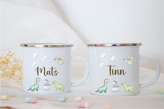 Emaille Kindertasse personalisiert - Dinosauriers