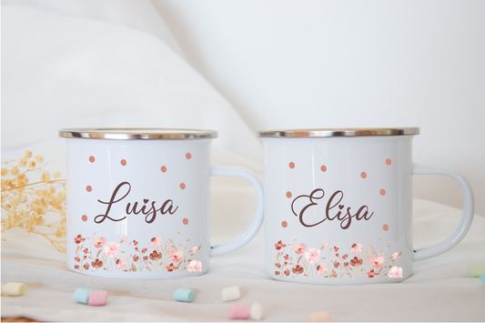 Emaille Kindertasse personalisiert - Blumen Rosa