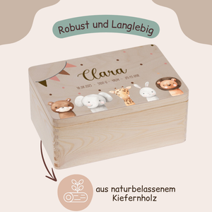 Boîte à souvenirs avec animaux : ours, lapin, lion, éléphant et girafe