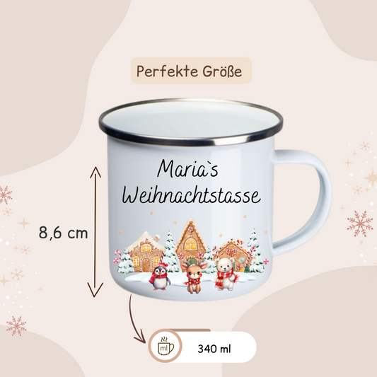 Weihnachtstasse -  Lebkuchenhaus, Pinguin, Eisbär und Reh