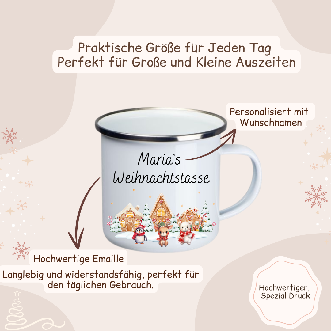 Weihnachtstasse -  Lebkuchenhaus, Pinguin, Eisbär und Reh