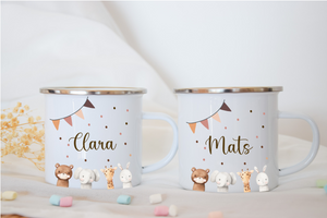 Emaille Kindertasse personalisiert - Tiermotiv Bär, Elefant, Giraffe und Hase