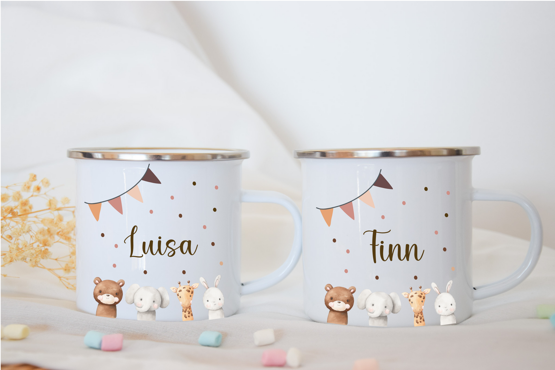 Emaille Kindertasse personalisiert - Tiermotiv Bär, Elefant, Giraffe und Hase