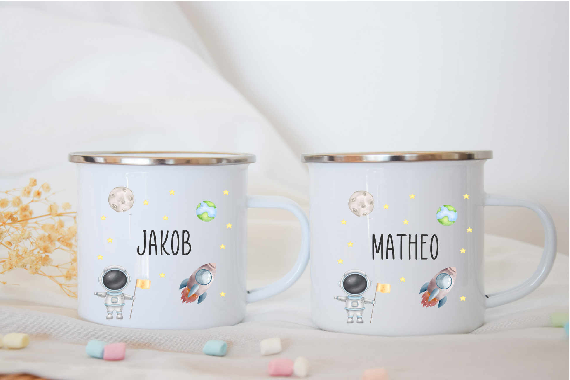 Emaille Kindertasse personalisiert - Weltraum Raketen, Astronaut