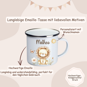 Kinder Tasse personalisiert - Waldtieren, Löwe, Hase, Reh, Einhorn und Waschbär