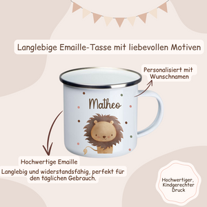 Emaille Tasse Kinder Tasse  - Löwe, Tiger, Elefant, Hase, Bär und Giraffe