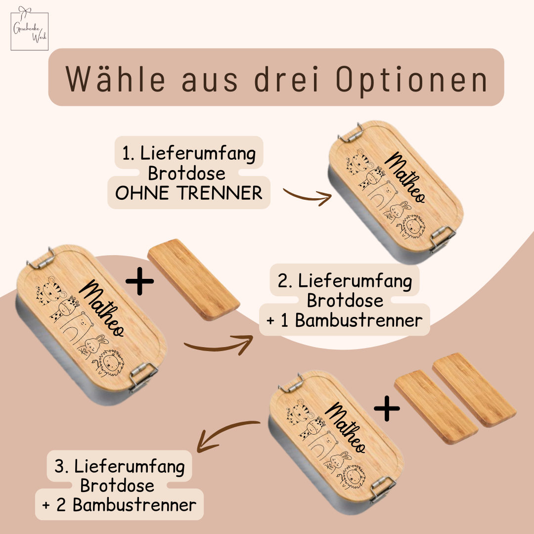 Brotdose personalisiert mit Tiermotiv, Giraffe, Tiger, Löwe, Hase und Elefant