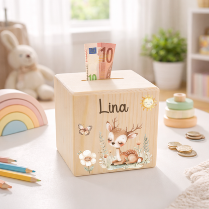 Tirelire pour enfants - avec animaux de la forêt, lion, ours, lapin, cerf, licorne et raton laveur