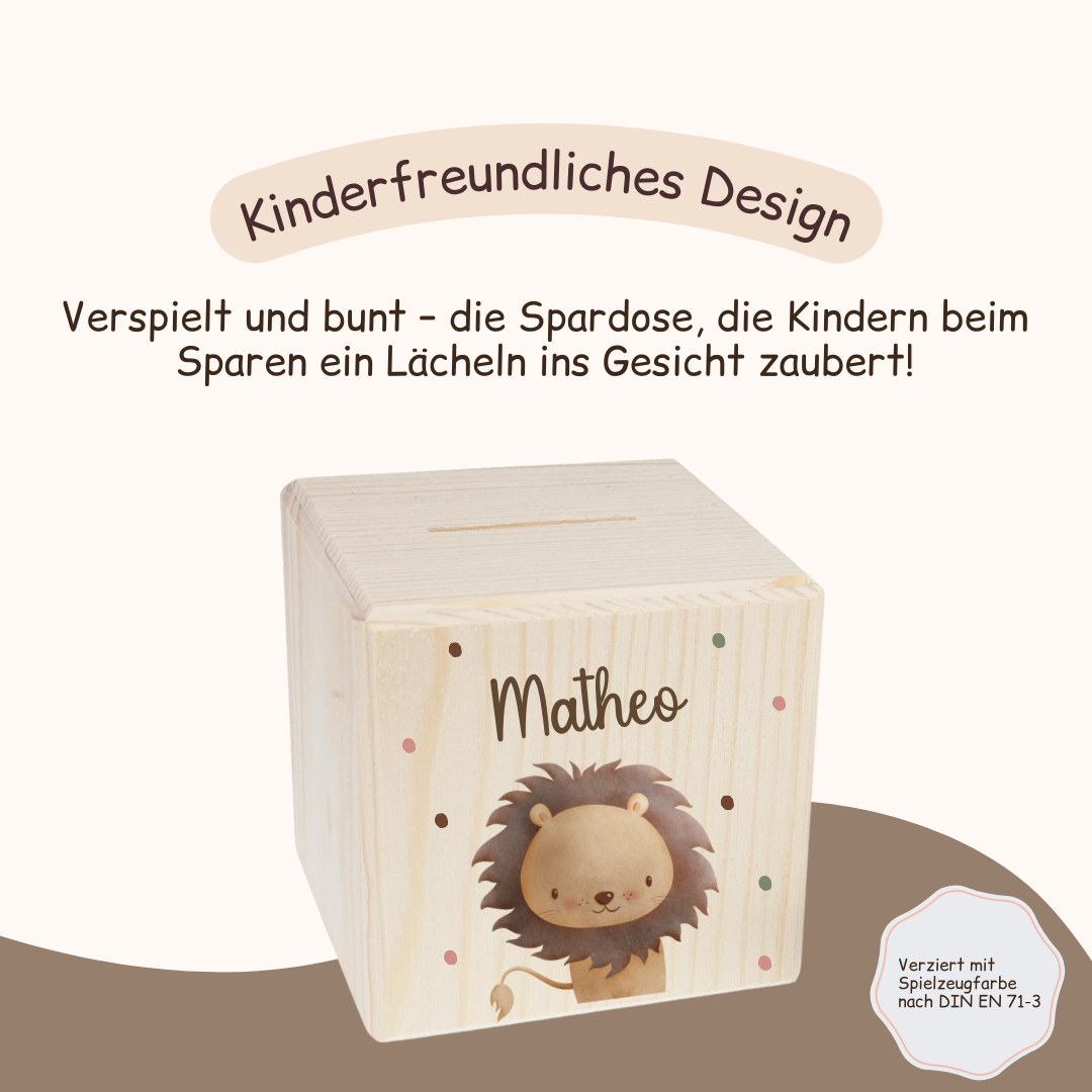 Spardose Kinder - Tiermotiv Löwe, Bär, Tiger, Hase, Elefant und Giraffe