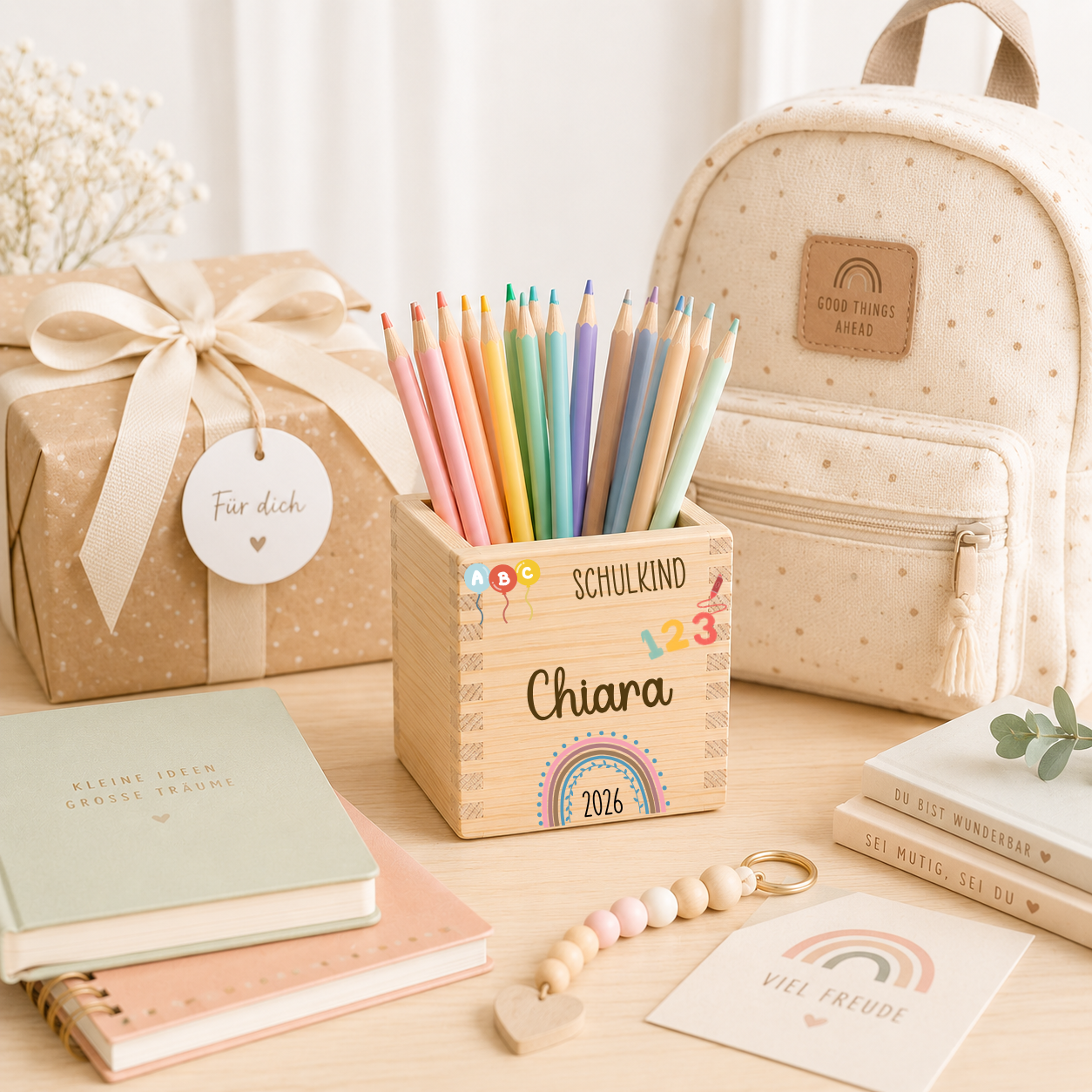 Stiftehalter mit Regenbogen Schulkind