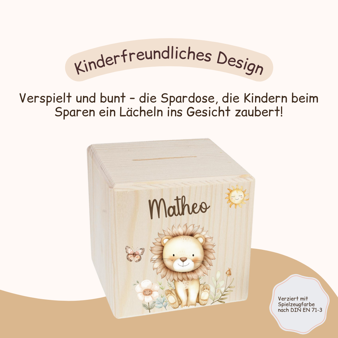 Spardose Kinder - mit Waldtieren, Löwe, Bär, Hase, Reh, Einhorn und Waschbär