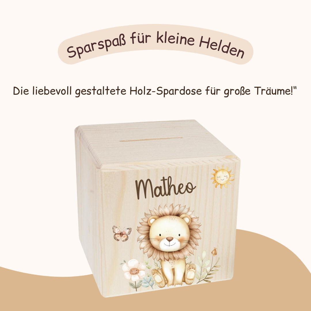 Spardose Kinder - mit Waldtieren, Löwe, Bär, Hase, Reh, Einhorn und Waschbär