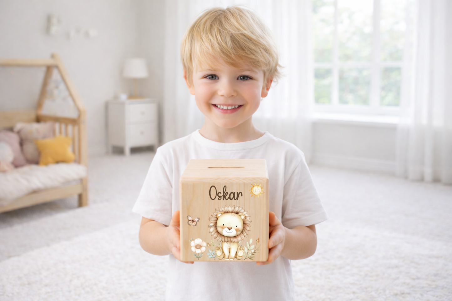 Tirelire pour enfants - avec animaux de la forêt, lion, ours, lapin, cerf, licorne et raton laveur