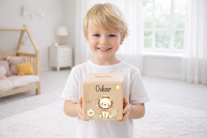 Tirelire pour enfants - avec animaux de la forêt, lion, ours, lapin, cerf, licorne et raton laveur