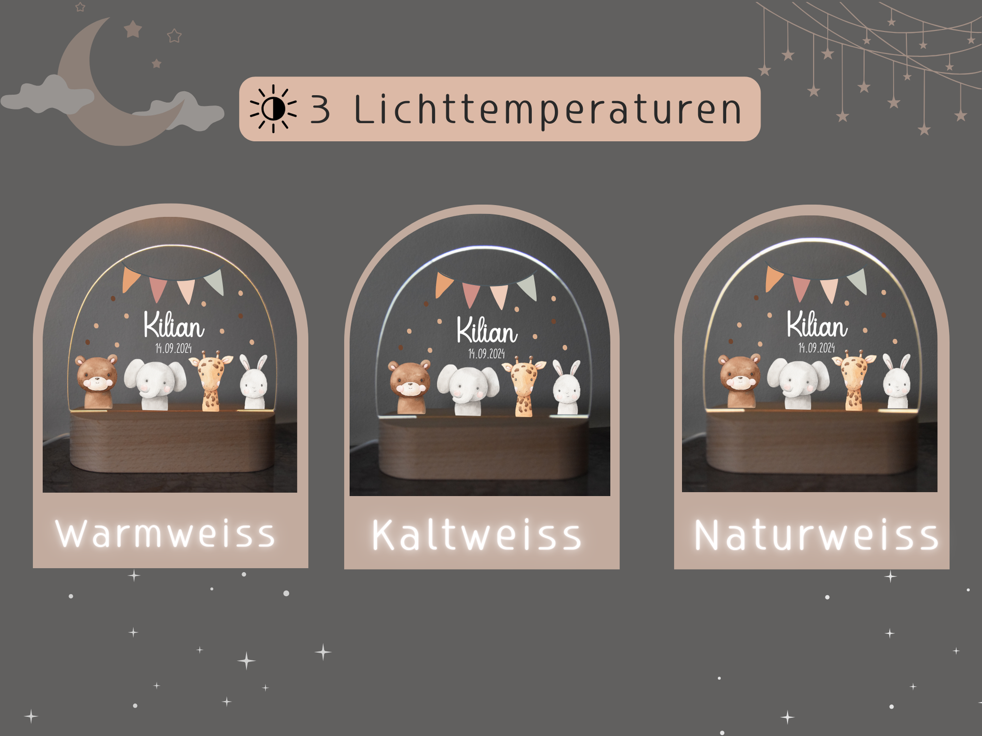 Nachtlicht mit Tiermotiv - Bär, Elefant, Giraffe und Hase