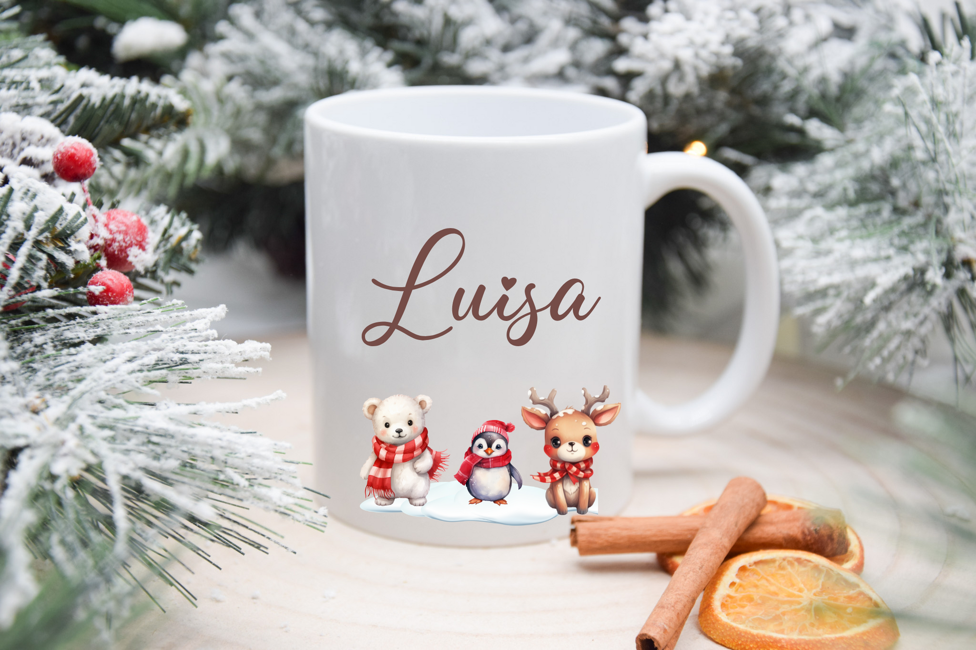 Personalisiere Tasse mit Tiermotiven - Weihnachten, Bär, Pinguin, Rentier