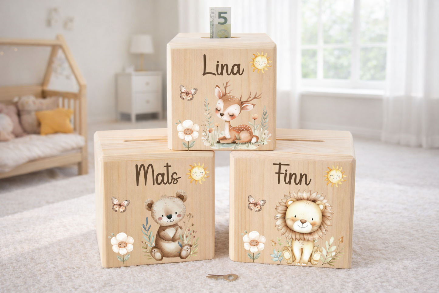 Tirelire pour enfants - avec animaux de la forêt, lion, ours, lapin, cerf, licorne et raton laveur