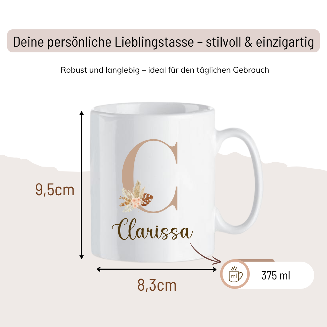 Tasse personalisiert mit Anfangsbuchstaben und Namen in Beigetönen und Blumen