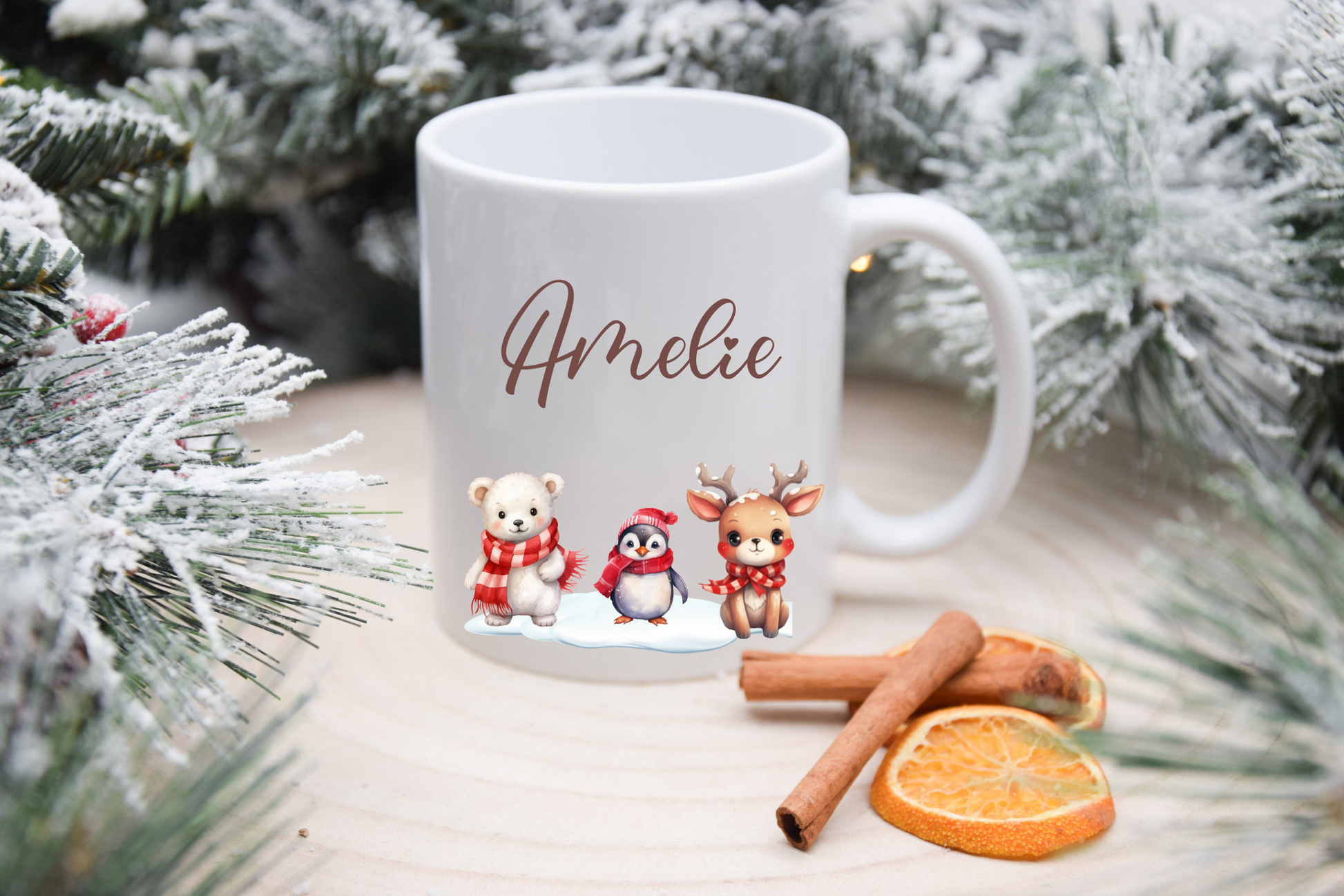 Personalisiere Tasse mit Tiermotiven - Weihnachten, Bär, Pinguin, Rentier