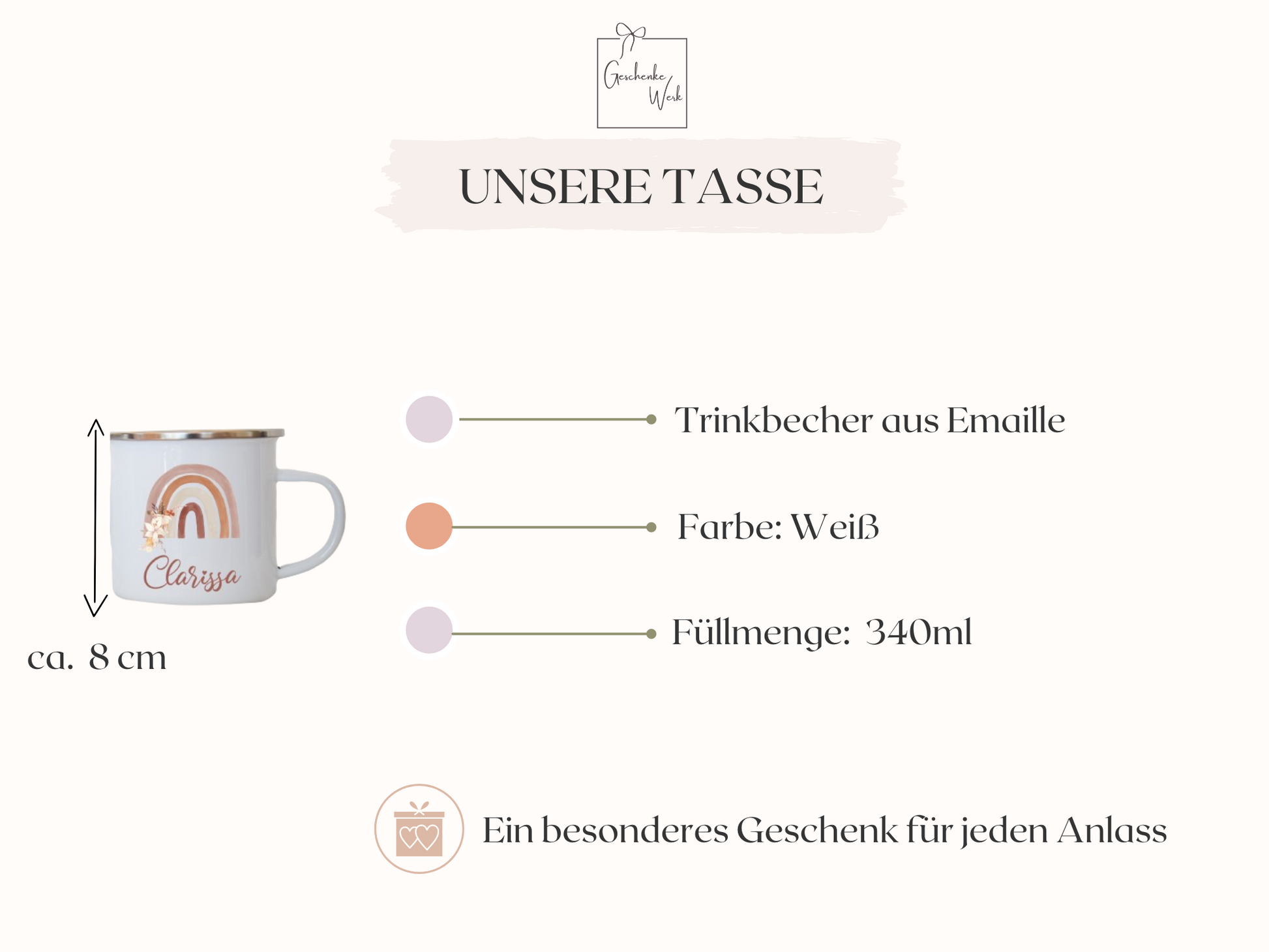 Emaille Kindertasse personalisiert - Regenbogen Blumen