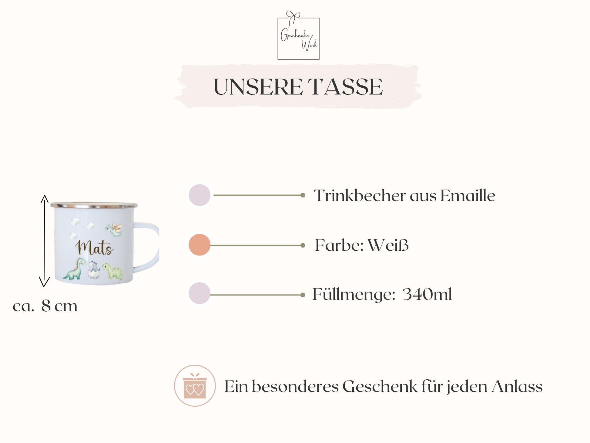 Emaille Kindertasse personalisiert - Dinosauriers