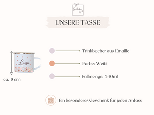 Emaille Kindertasse personalisiert - Blumen Rosa