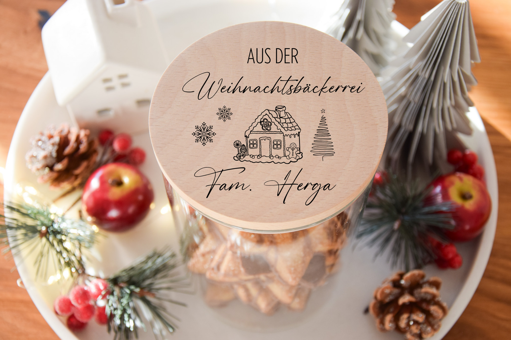 Vorratsglas Weihnachten -  Weihnachtsmotiv Haus und Schneeflocken