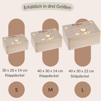 Erinnerungskiste -  Tiermotiven, Löwe, Bär, Hase, Reh, Einhorn und Waschbär