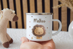 Emaille Tasse Kinder Tasse  - Löwe, Tiger, Elefant, Hase, Bär und Giraffe