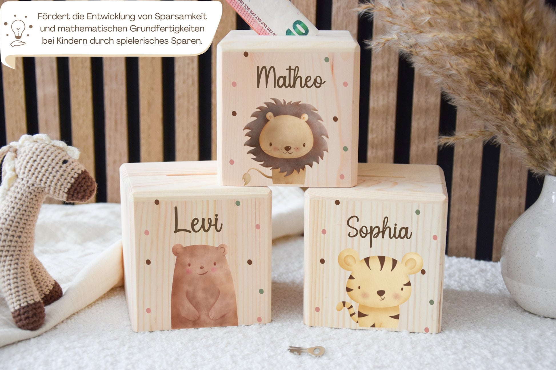 Spardose Kinder - Tiermotiv Löwe, Bär, Tiger, Hase, Elefant und Giraffe