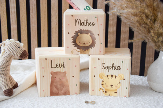 Tirelire pour enfants - motif animalier lion, ours, tigre, lapin, éléphant et girafe