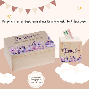 Geschenkset Erinnerungskiste + Spardose Lila Blumen