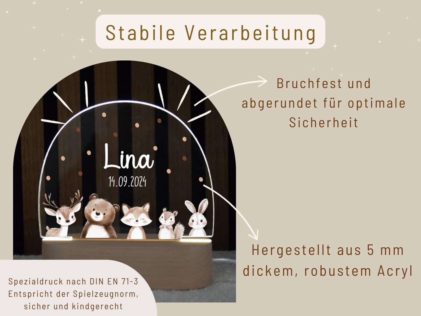 Nachtlicht mit Tieren, Reh, Bär, Fuchs, Hase und Eichhörnchen