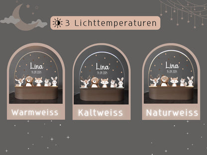 Nachtlicht mit Tieren, Reh, Bär, Fuchs, Hase und Eichhörnchen