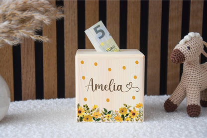 Spardose mit gelben Blumen