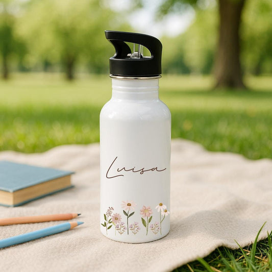 Trinkflasche Kinder personalisiert, Trinkflasche mit Namen, Kindergarten Schule,  Geschenk Einschulung Mädchen, Trinkflasche Edelstahl Blume