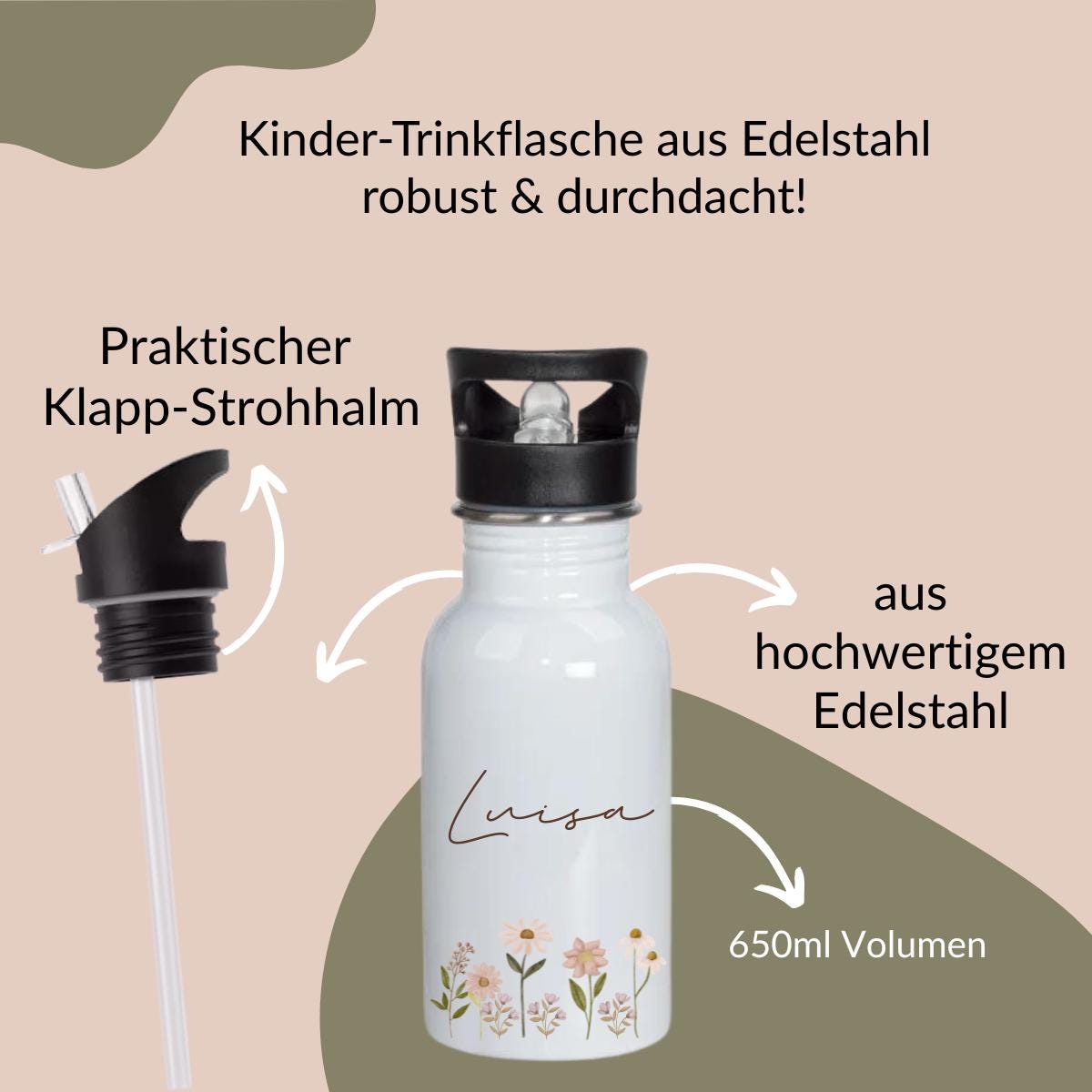 Trinkflasche Kinder personalisiert, Trinkflasche mit Namen, Kindergarten Schule,  Geschenk Einschulung Mädchen, Trinkflasche Edelstahl Blume