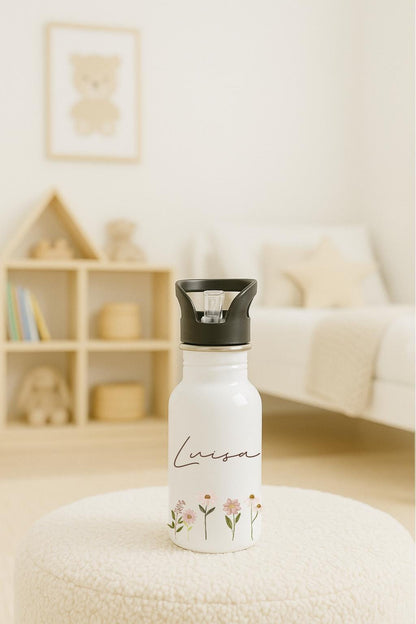 Trinkflasche Kinder personalisiert, Trinkflasche mit Namen, Kindergarten Schule,  Geschenk Einschulung Mädchen, Trinkflasche Edelstahl Blume