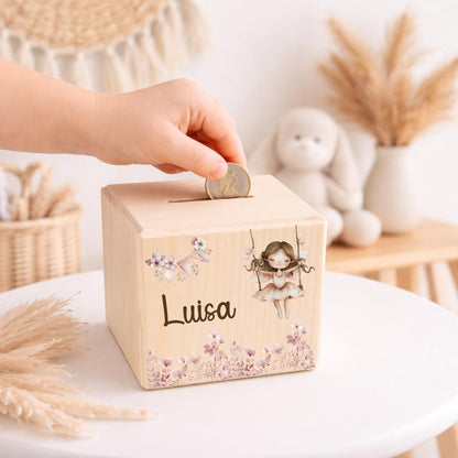 Spardose personalisiert mit Namen | Kinder Spardose Holz | Geschenk Geburt Taufe | Geldgeschenk Kind