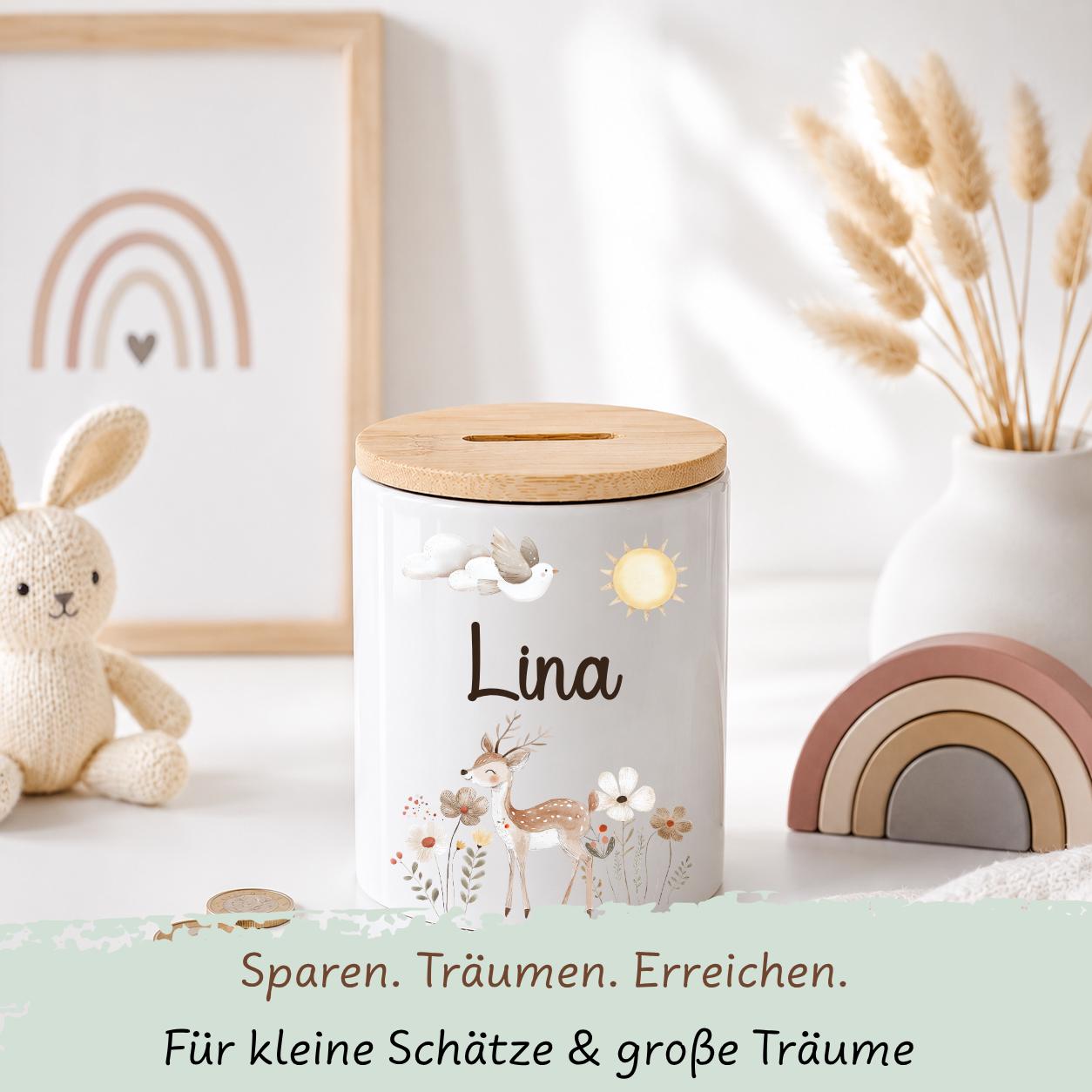 Personalisierte Spardose Kinder mit Namen – Keramik Spardose mit Bambusdeckel, Zahnputzbecher & Stiftehalter Baby Geschenk