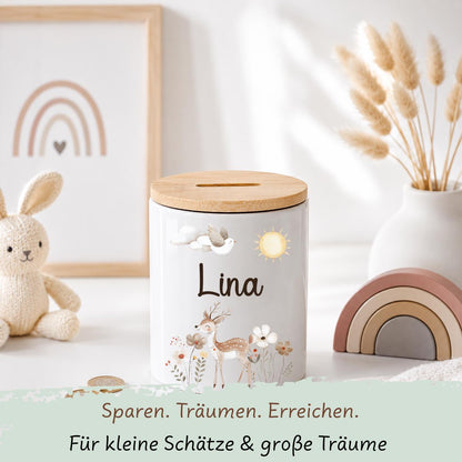 Personalisierte Spardose Kinder mit Namen – Keramik Spardose mit Bambusdeckel, Zahnputzbecher & Stiftehalter Baby Geschenk