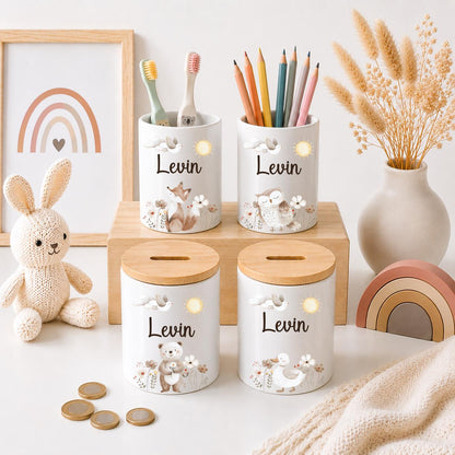 Personalisierte Spardose Kinder mit Namen – Keramik Spardose mit Bambusdeckel, Zahnputzbecher & Stiftehalter Baby Geschenk